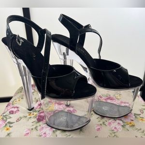 Pleaser Adore black sandal heels with clear lucite platform size 7
